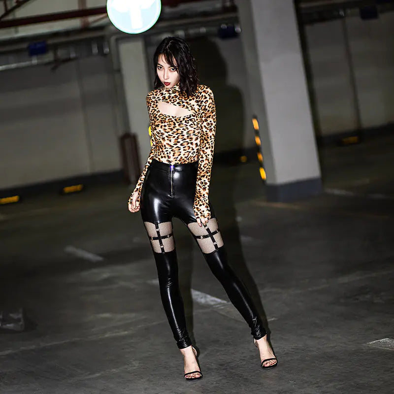 High Elastic Leather Pants with Mesh Straps