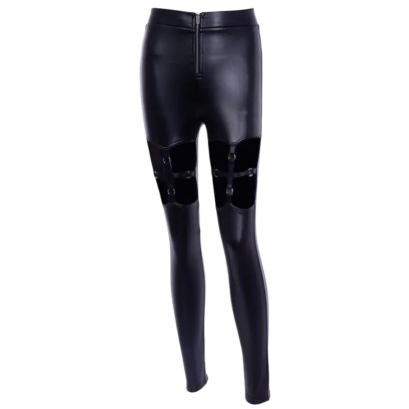 High Elastic Leather Pants with Mesh Straps
