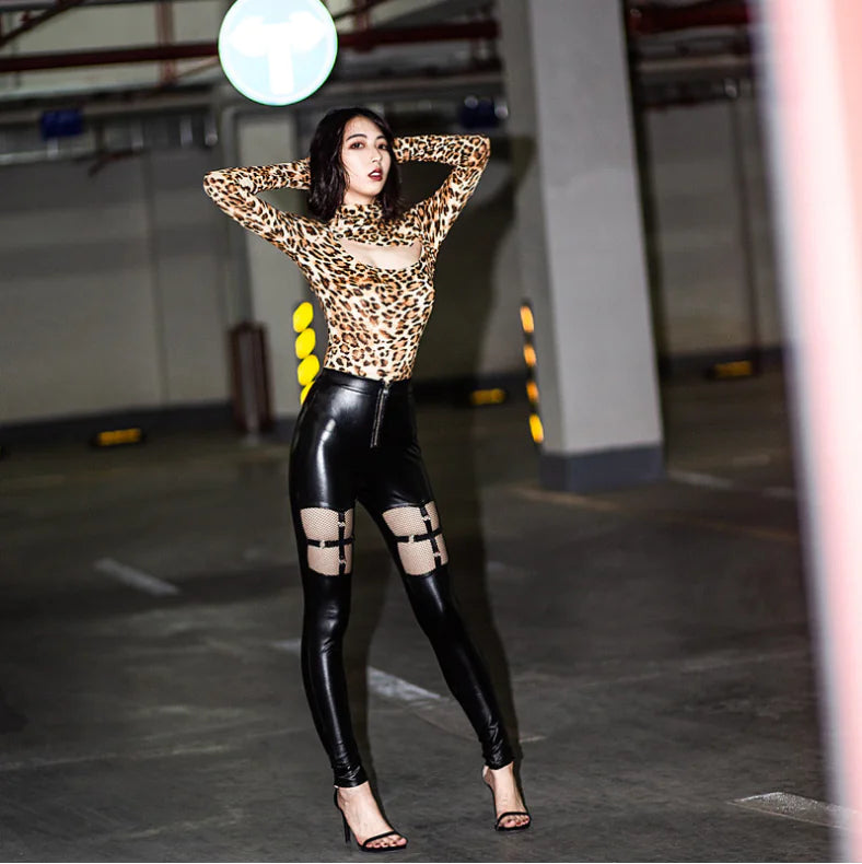 High Elastic Leather Pants with Mesh Straps